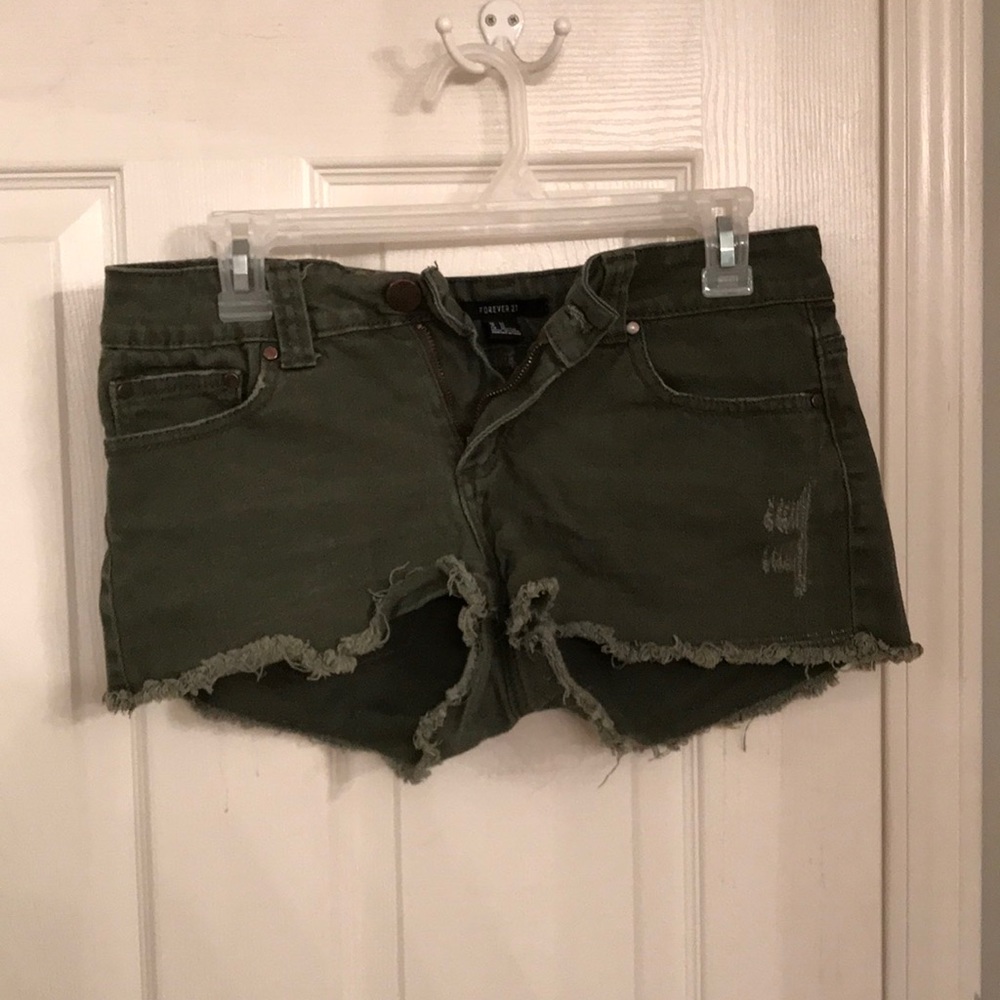 Army green distressed shorts